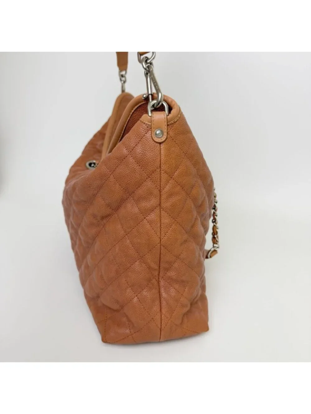 Chanel CC Logo Quilted 2-Way Chain Shoulder Bag Caviar Leather Camel Brown Seal